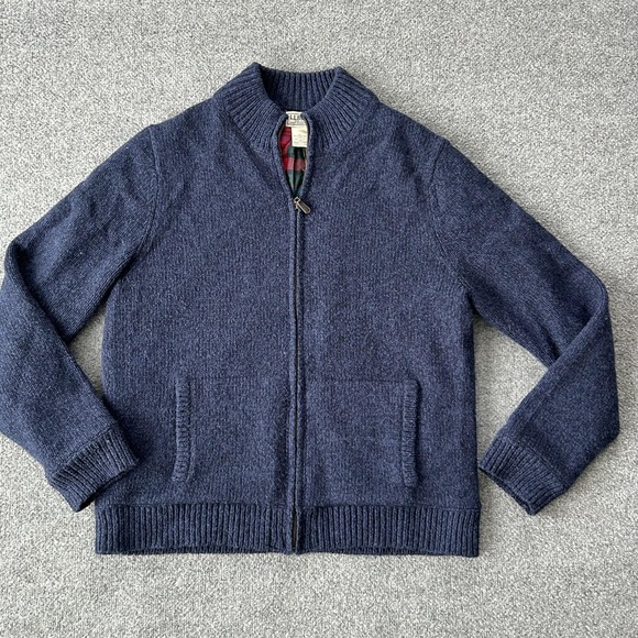 L.L. Bean Other - LL‎ Bean Sweater Jacket Mens Large Blue Lambswool Full Zip Plaid Lined Cardigan